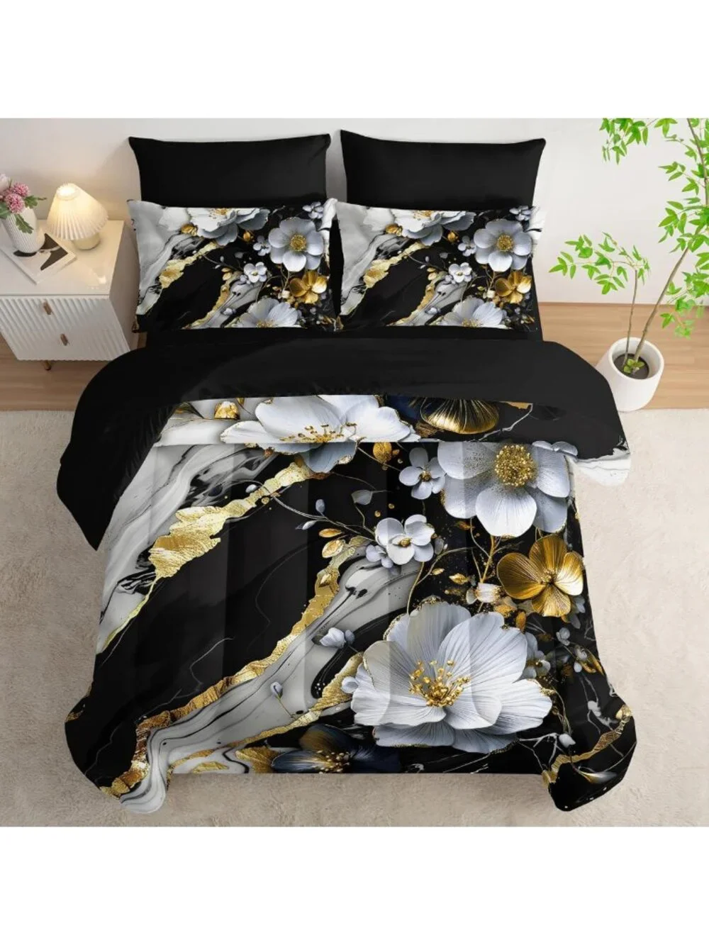 7-Piece King Marble Floral Comforter Set - Black & White Bedding, Gold Accents